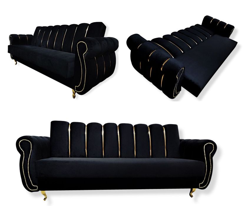 Sofa rozkładana zestaw mebli komplet Glamour fotele uszak stół stolik
