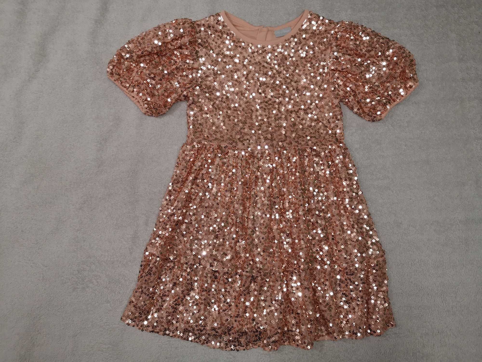 Łososiowa błyszcząca elegancka cekinowa sukienk Matalan 128 134 cekiny