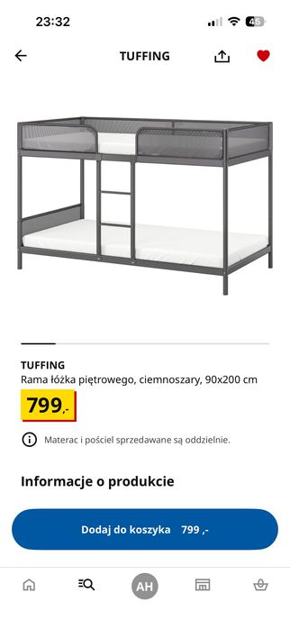 Łóżko piętrowe z 1 materacem Ikea Tuffing jak nowe