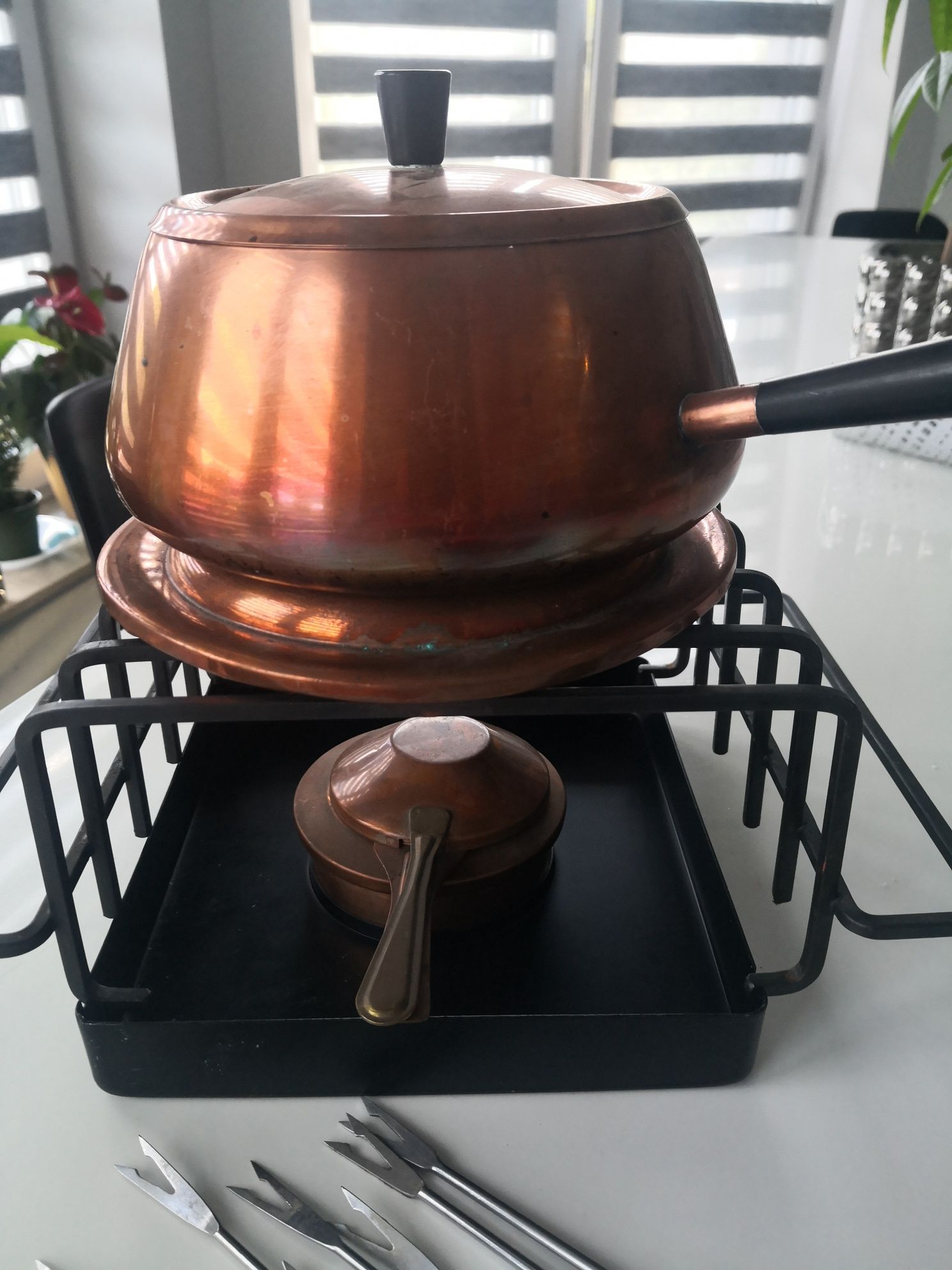 Rondelek, podgrzewacz. Fondue. Miedziany. Zestaw.