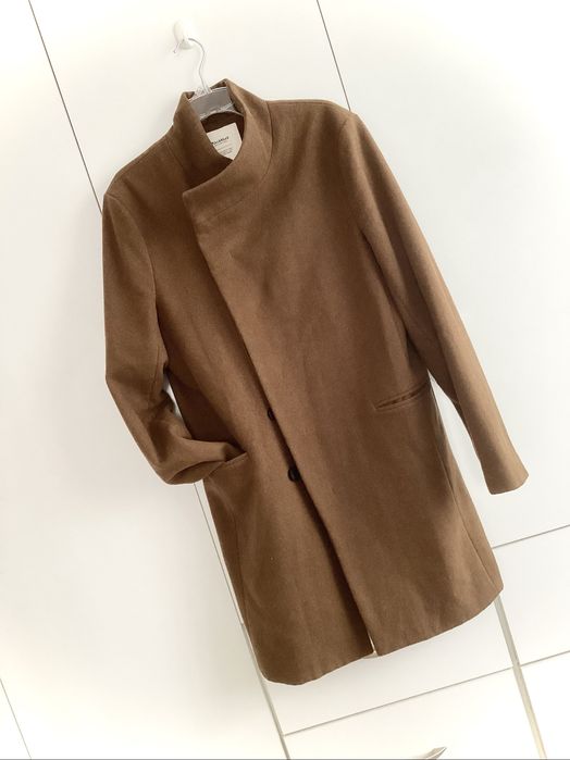 Pull&Bear brązowy męski płaszcz z wełną M