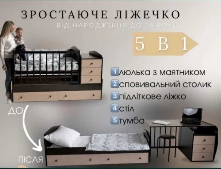 Дитяче ліжко 5 в 1 лівко трансформер