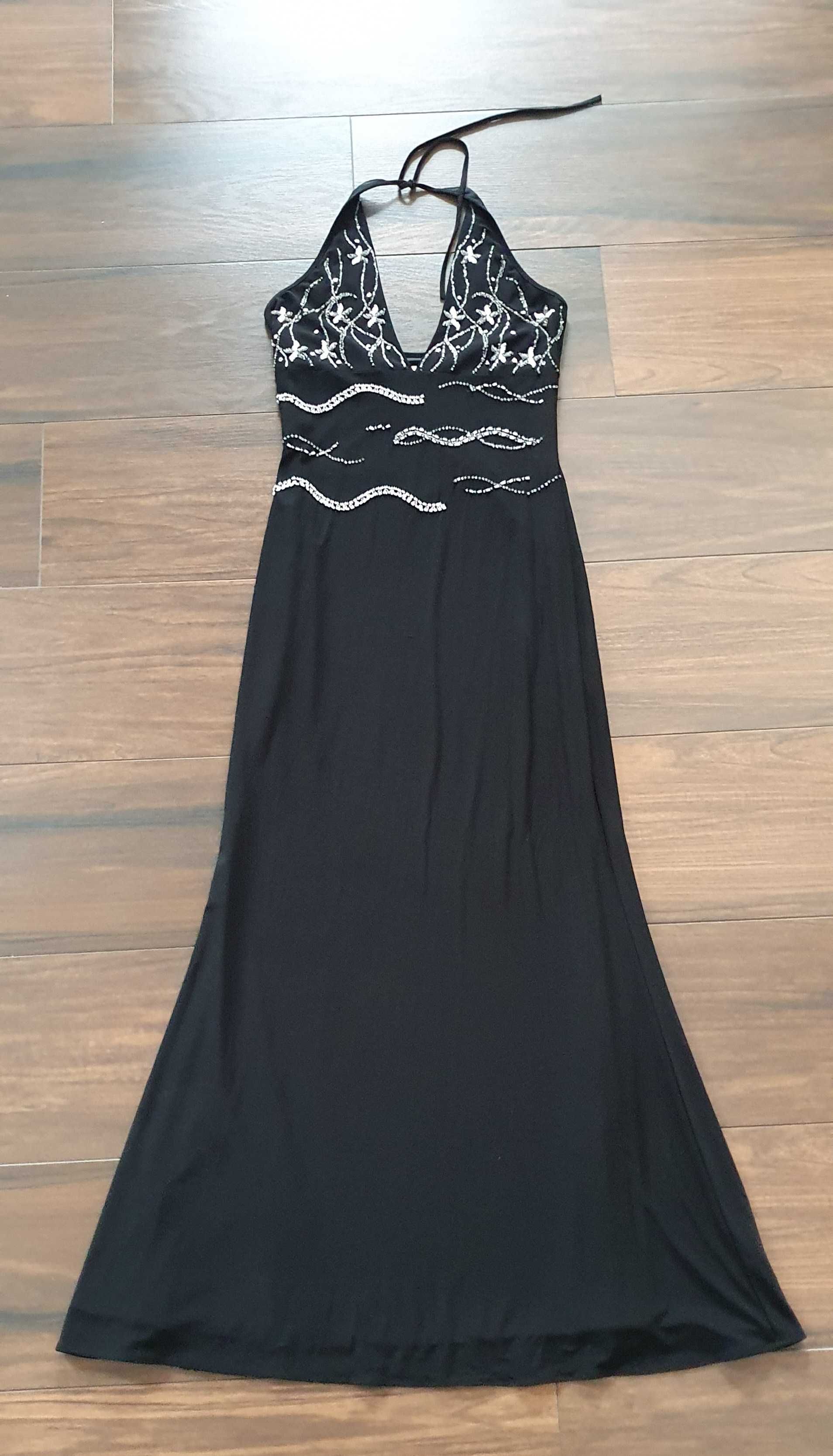 Czarna sukienka maxi srebrne koraliki 38 M studniówka