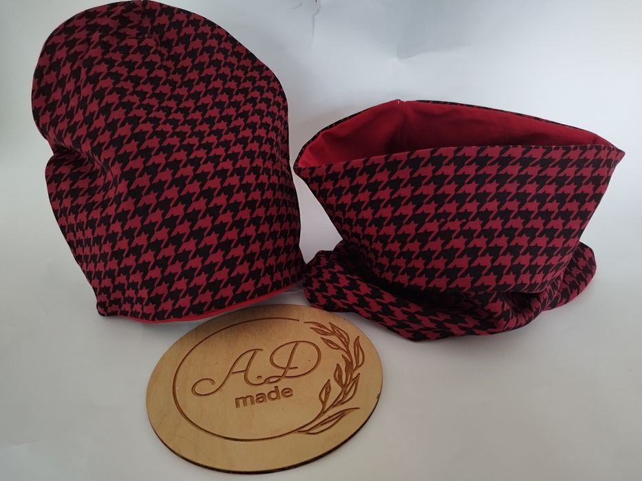 Komplet zestaw czapka komin bawełniany damski Pepitka bordo młodzieżow