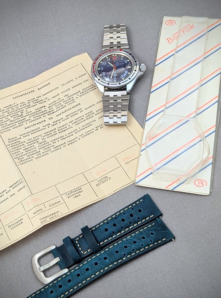 Wostok Komandirskie 1993 NOS + pudełko + paszport + pasek po serwisie