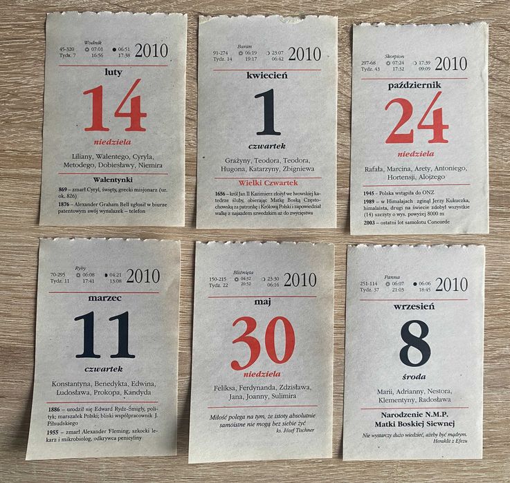 Oryginalna kartka z kalendarza zdzieraka 2010 r. Prezent Rocznica