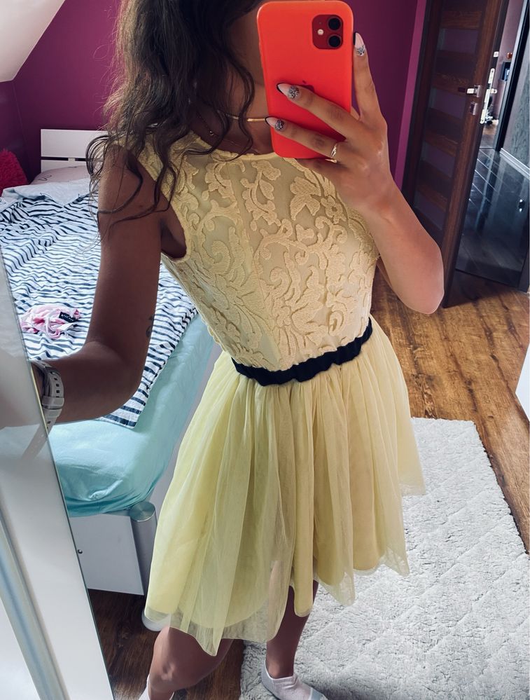 Sukienka balowa tiulowa żółta z odkrytymi plecami na wesele s emo new