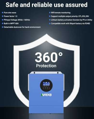 Inversor solar híbrido ANENJI 2000w 220V onda senoidal pura - WiFi