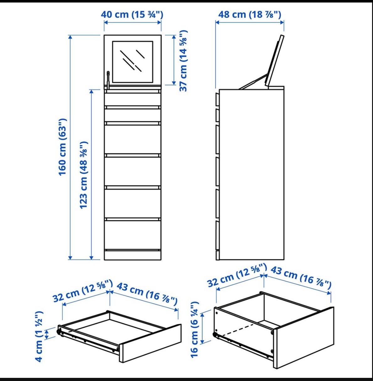 Cômoda malm 6 gavetas com espelho
