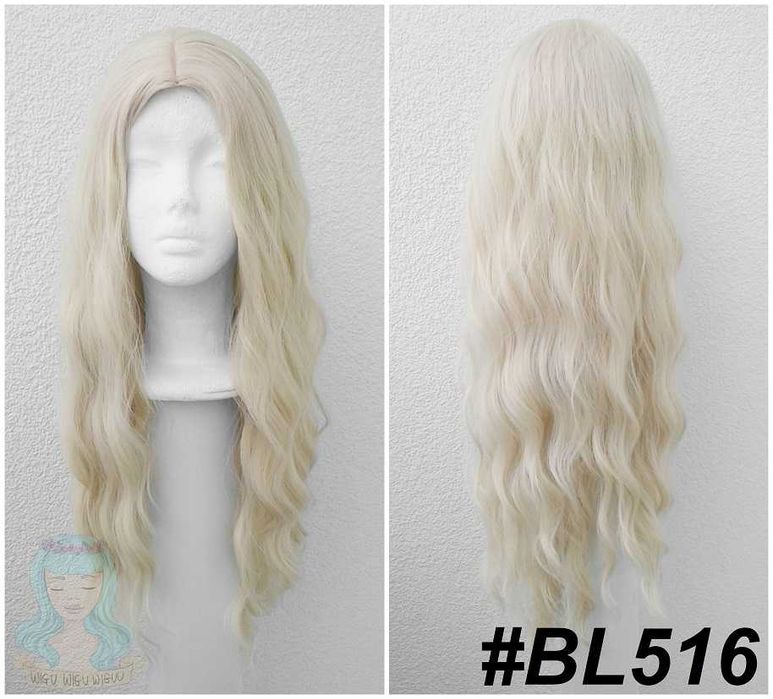 Blond długa falowana peruka z przedziałkiem bez grzywki cosplay wig