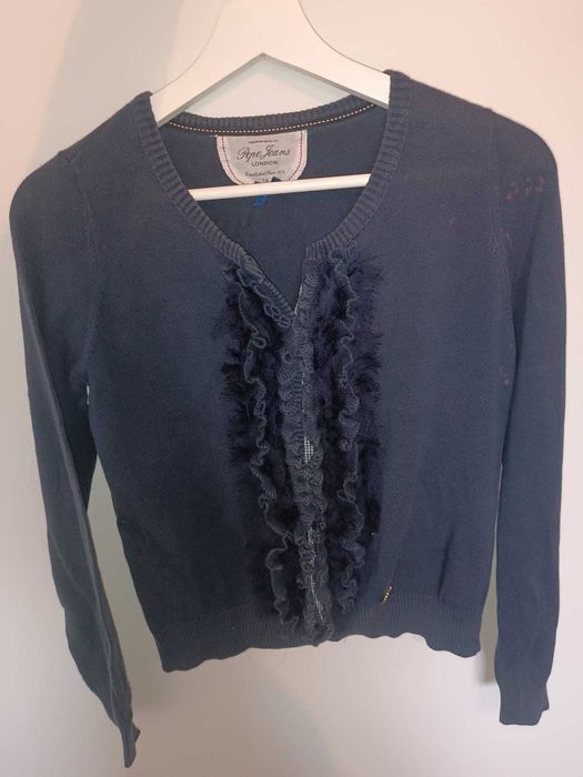 Cardigan de Malha Fina (Pepe Jeans - Azul Escuro com Folhos)