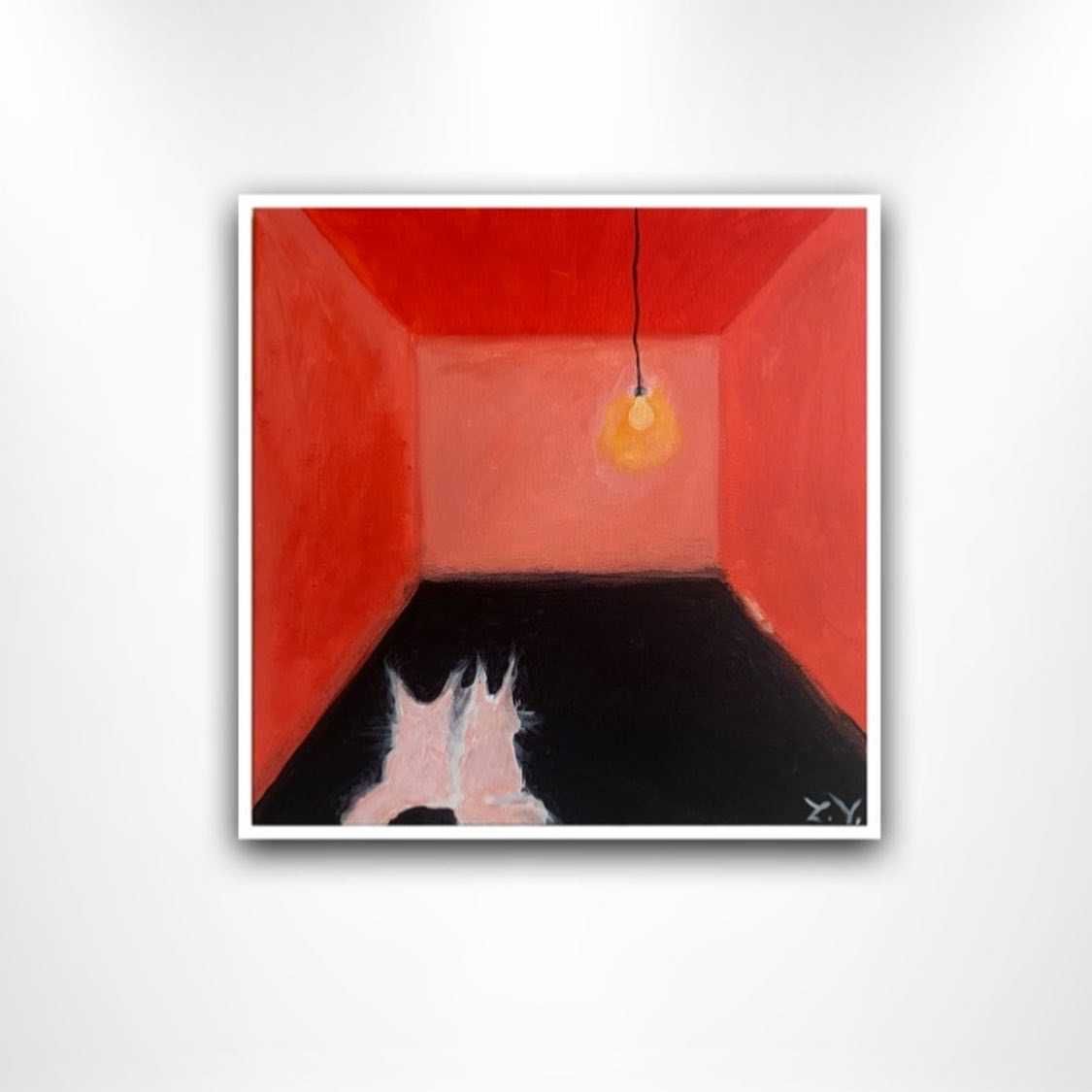 Картина "Два мейнкуна в красной комнате", холст, акрил, кот, интерьер.