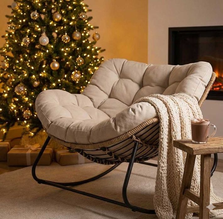 Fotel bujany rattanowy biały – miękka poducha fotel do domu