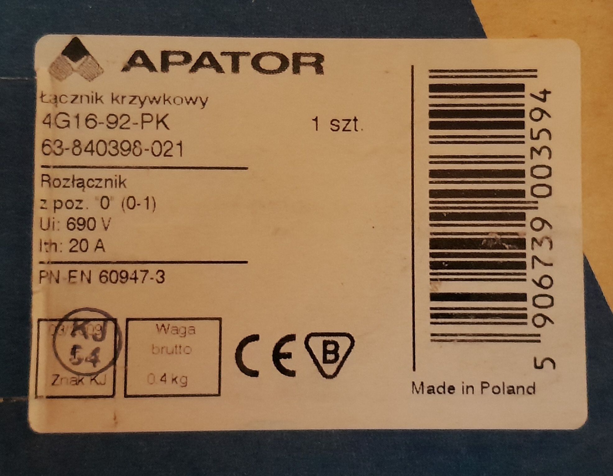 Łącznik krzywkowy Apator 4G16-92-PK 3-fazowy 400V 8kW