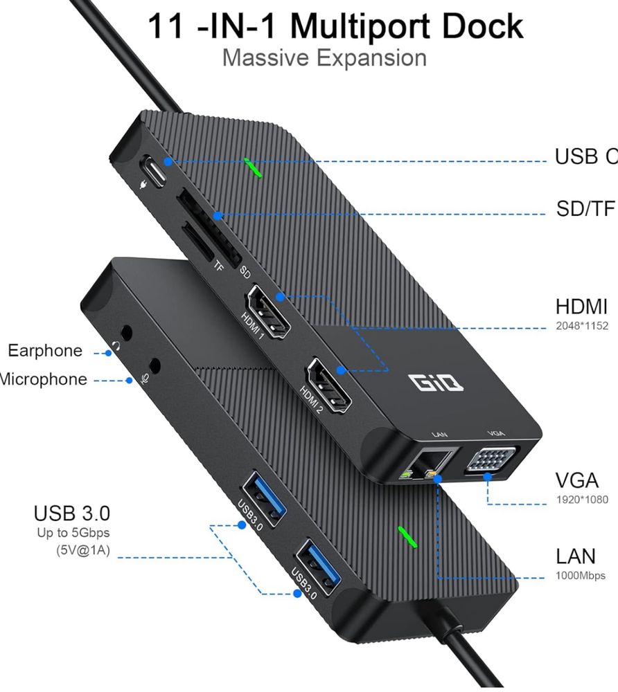 GIQ Hub USB C USB 3.0 na podwójny HDMI VGA adapter