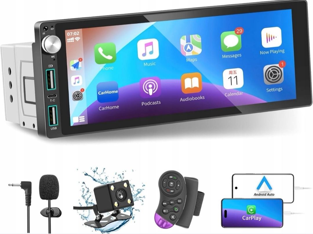 Samochodowe radio LSLYA Single Din z Apple CarPlay/Android Auto, 6,9-c