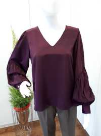 Bluzka koszulowa damska z bufiastymi rękawami fioletowa śliwka S/M