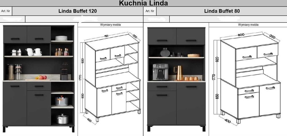 Bufet Kredens Kuchenny Linda Antracyt Zestaw  + Blaty