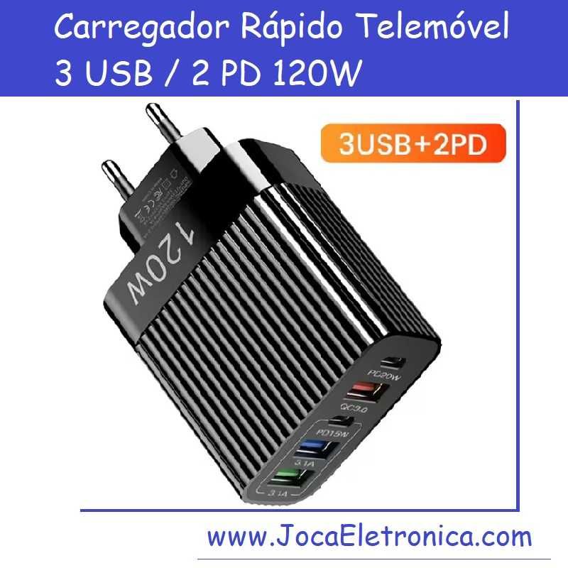 Carregador Rápido Telemóvel 3 USB / 2 PD 120W NOVO