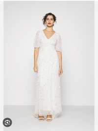 Maya Deluxe suknia ślubna cekiny biala sukienka maxi 36