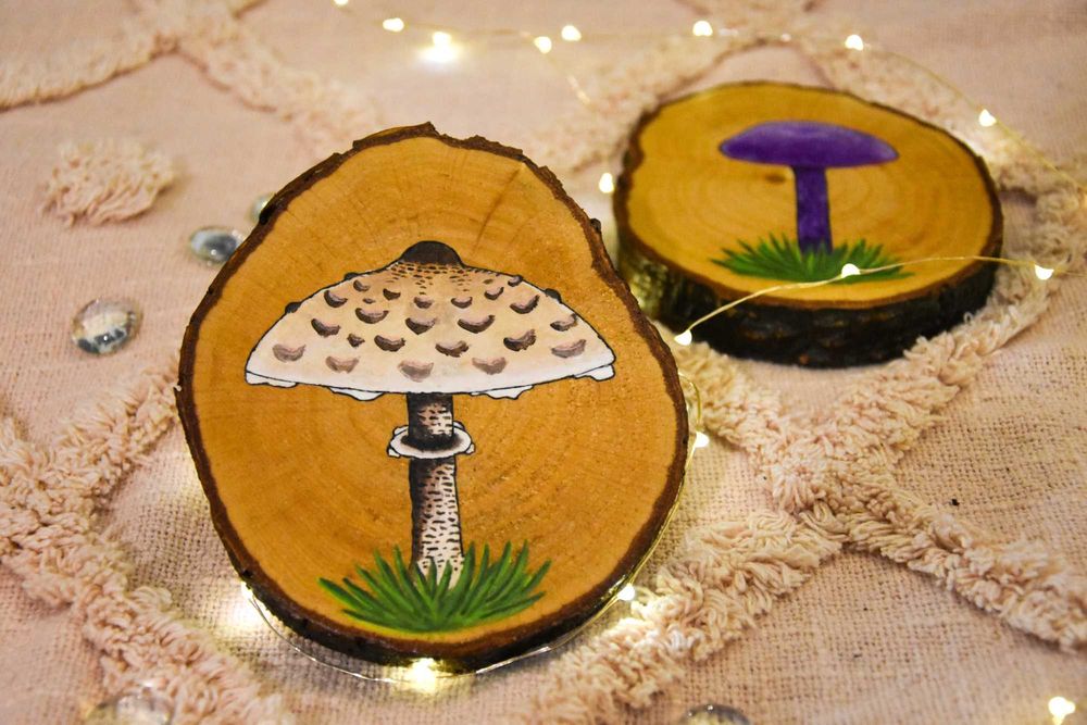 Drewniane, ręcznie malowane podkładki, ozdoba, prezent, grzyb