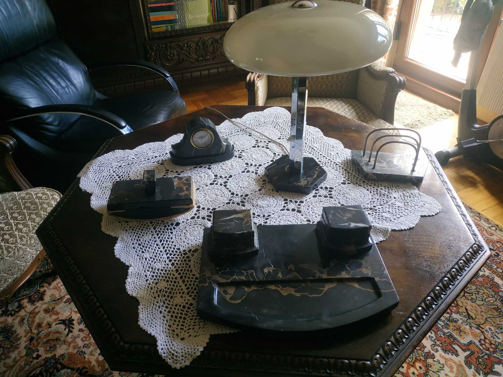 Stary komplet na biurko art deco lampa kałamarz zegar