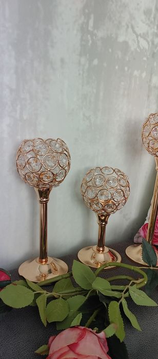 Świecznik zestaw komplet złote kryształki 3 sztuki glamour vintage