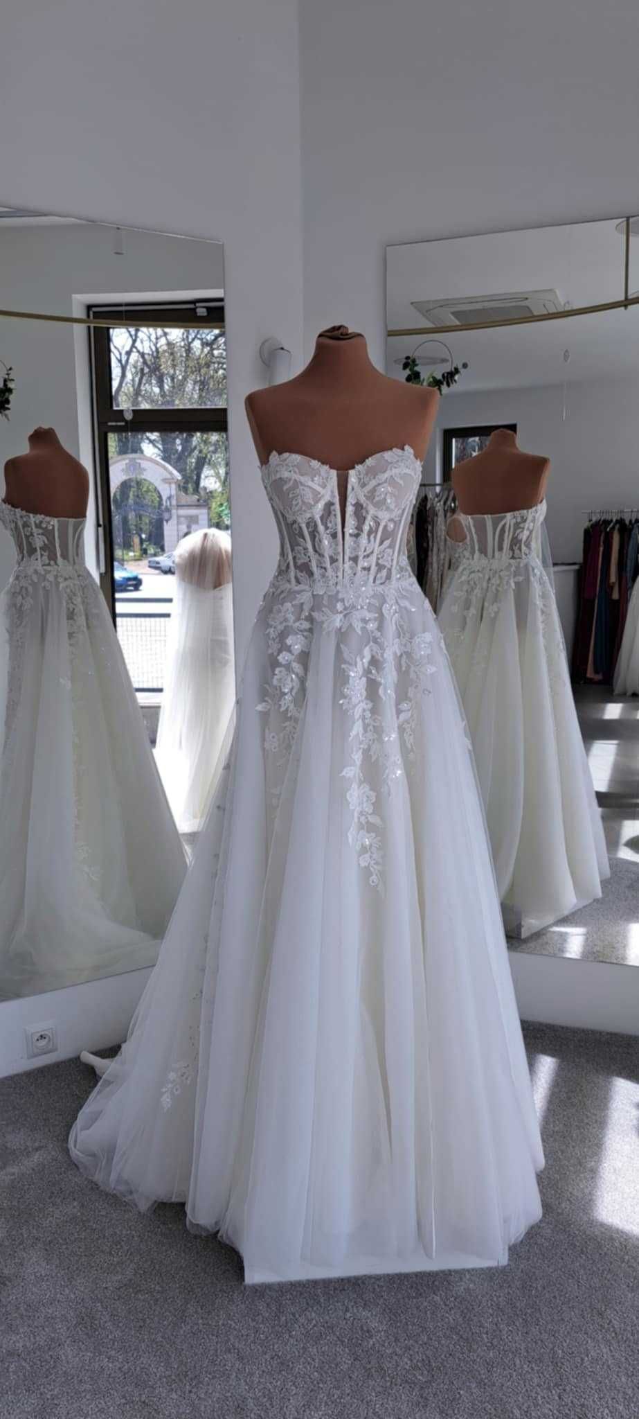 Nowa suknia gorsetowa kwiaty ivory roz. 36 38 40
