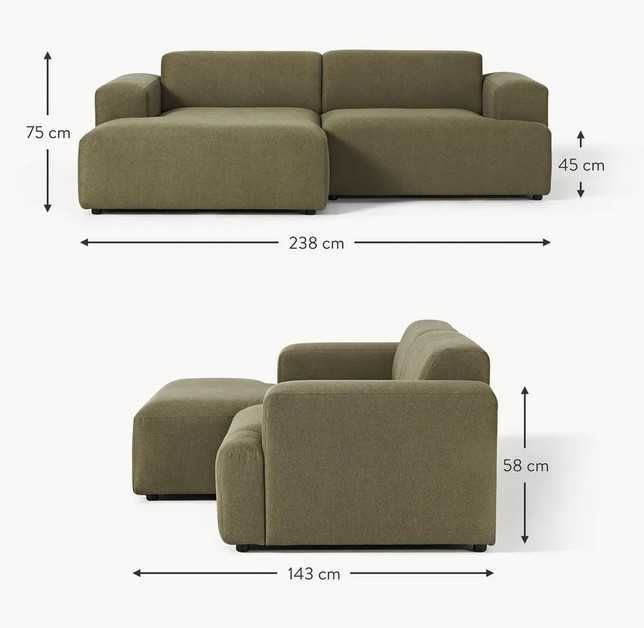 Sofa narożna 3-os lewostronna Melva oliwkowozielona 238x143x75cm