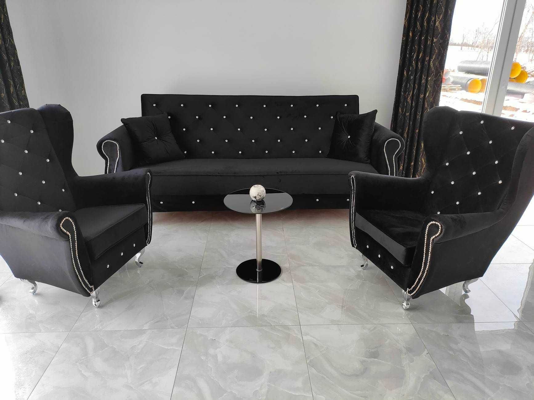 zestaw CHESTERFIELD glamour sofa rozkładana z fotelami uszak puf ława