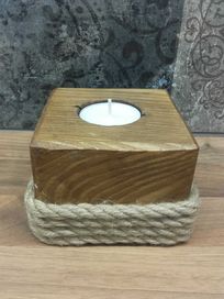 Świecznik drewniany z drewna sznur sznurek jutowy handmade