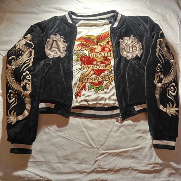 Бомбер r p jacket / reversible / tattoo design / velvet