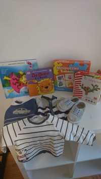 Conjunto bébé/criança : Calçado + roupa + 2 livros + 2 jogos