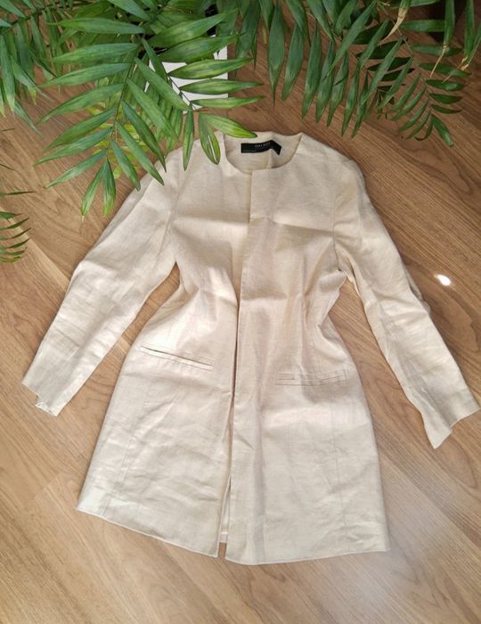 Zara Basic beżowy  płaszcz 100% len narzutka XS S old money