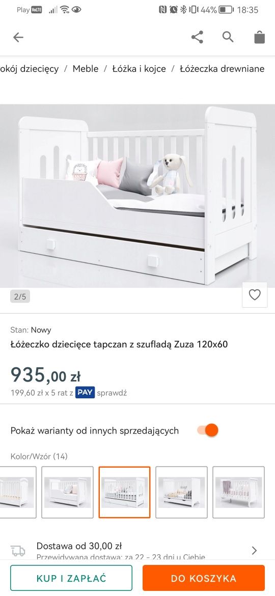 Łóżeczko niemowlęce 120x60 z materacem i szuflada