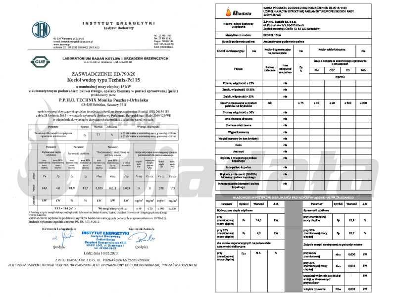 Piec, kocioł C.O. Ekopel 15 kW DUO na PELLET + ekogroszek 5 KLASA
