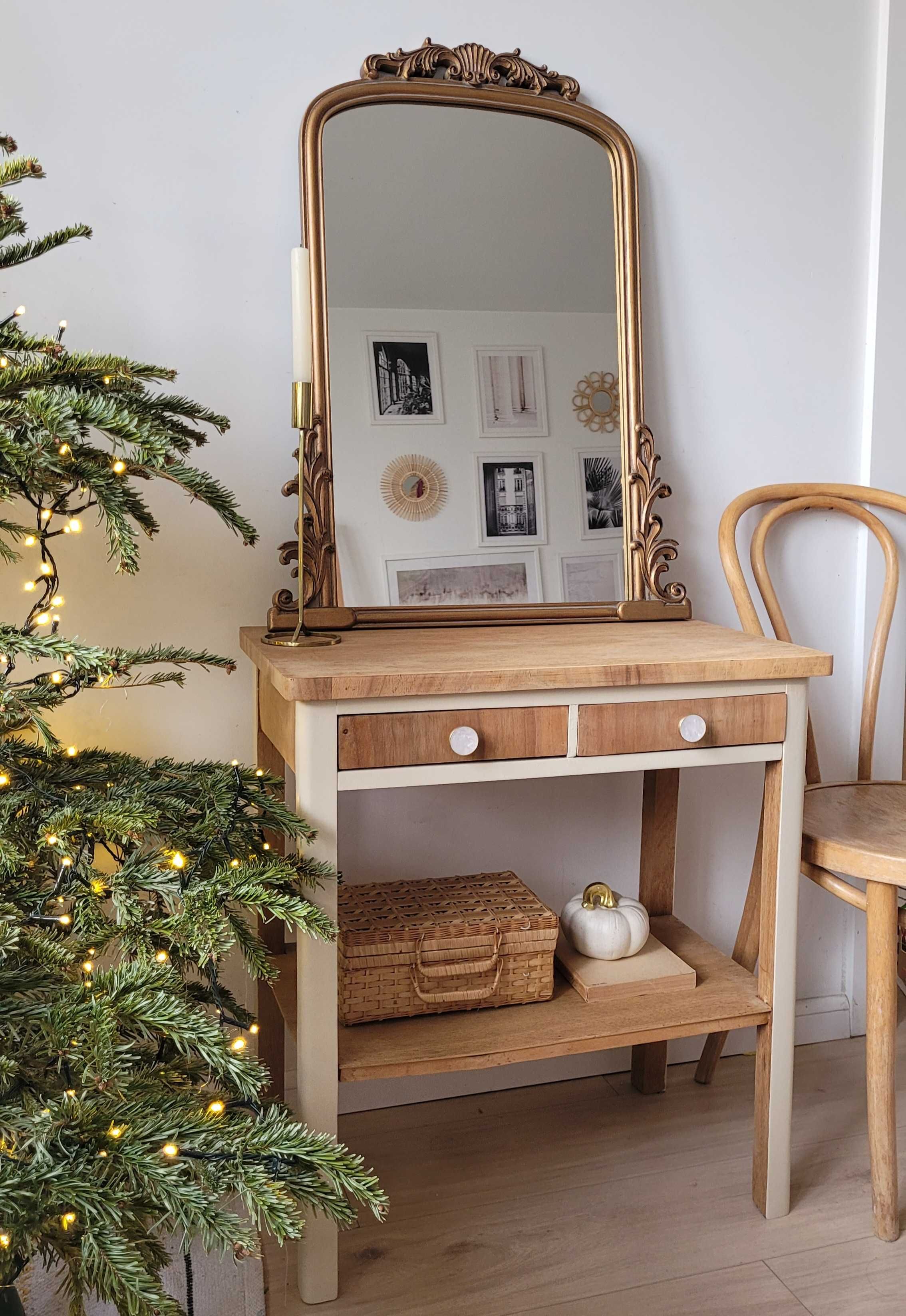 Stolik drewniany dębowy konsola toaletka boho retro vintage