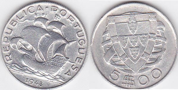5$00 de 1942 de 1947 e 1948 de Portugal em prata ver descrição