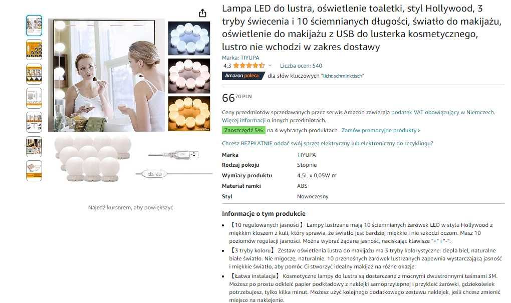 Lampa LED do lustra, toaletki, zasilanie USB