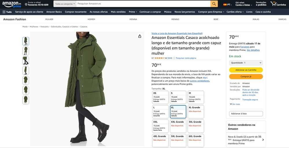 Amazon Essentials Casaco acolchoado Tam:S (1621)