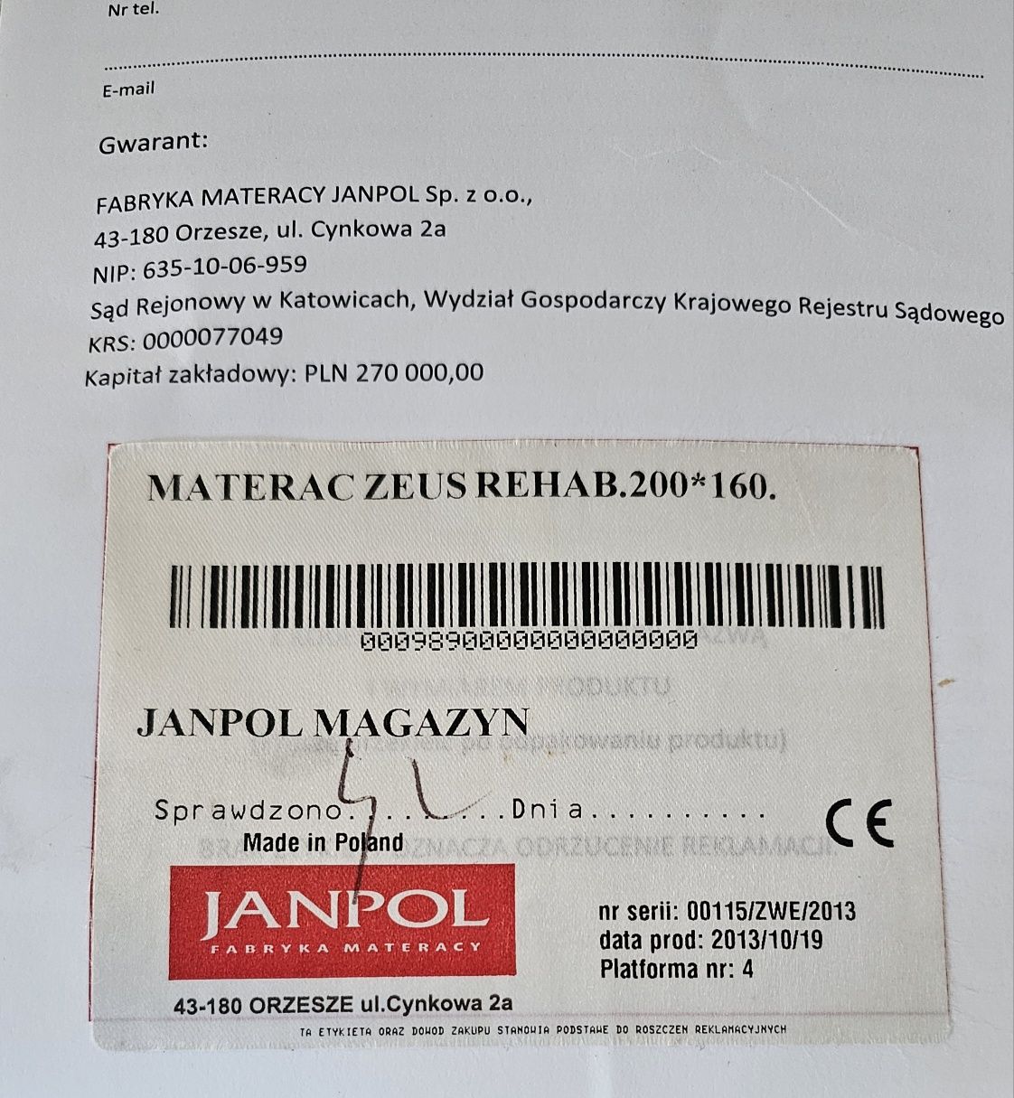 Materac Janpol 160x200 Zeus