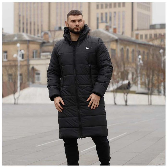 Чоловічий зимовий пуховик подовжений чорний Nike водовідштовхувальний