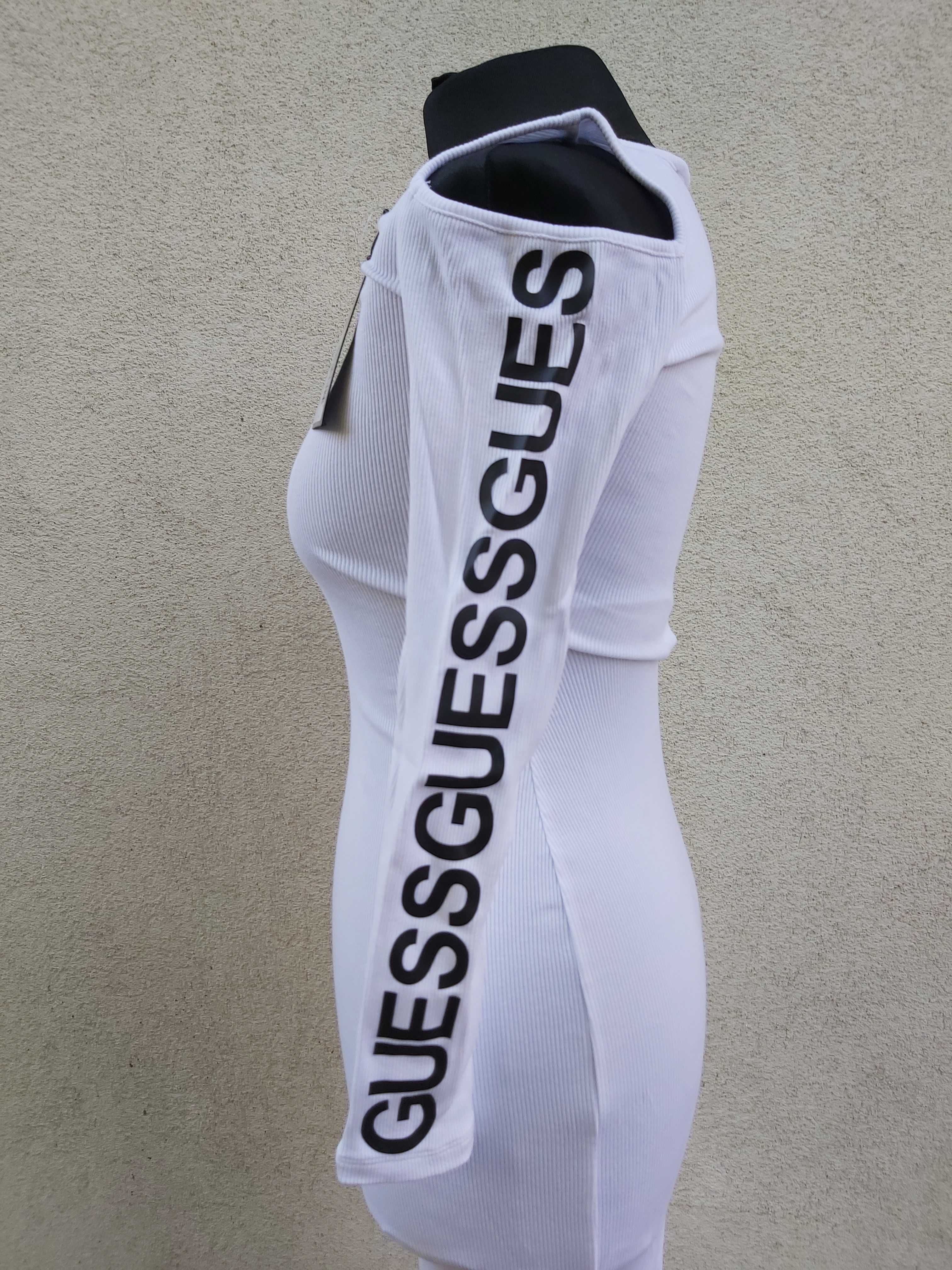 Nowa  sukienka obcisłe GUESS biała logo rękawy open shoulders wada 32