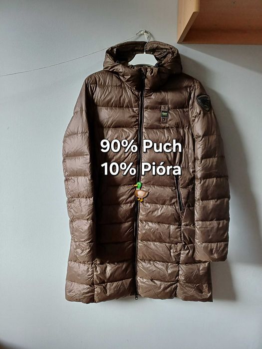 Blauer długi puchowy płaszcz kurtka z kapturem rozmiar M