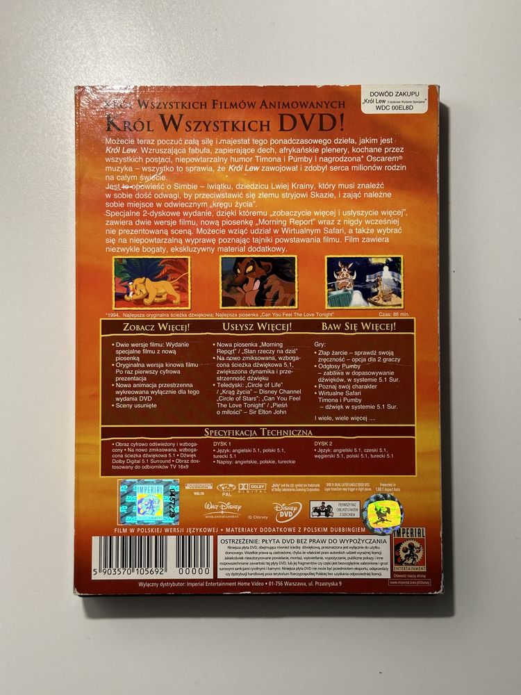 Król Lew Disney DVD 2 Dyskowe Wydanie Specjalne Dubbing PL