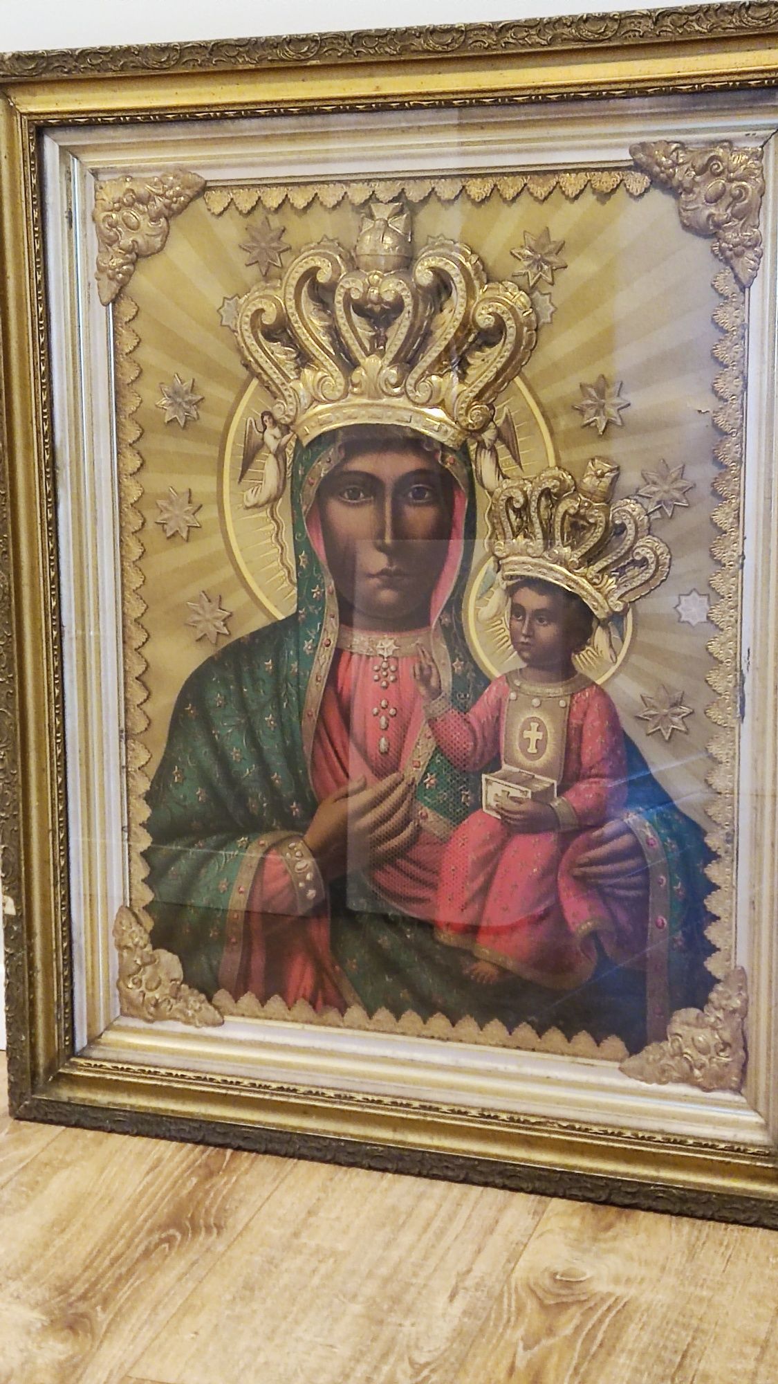 Zabytkowa Ikona Matki Boskiej Częstochowskiej z XIX/XX w. Bogata rama