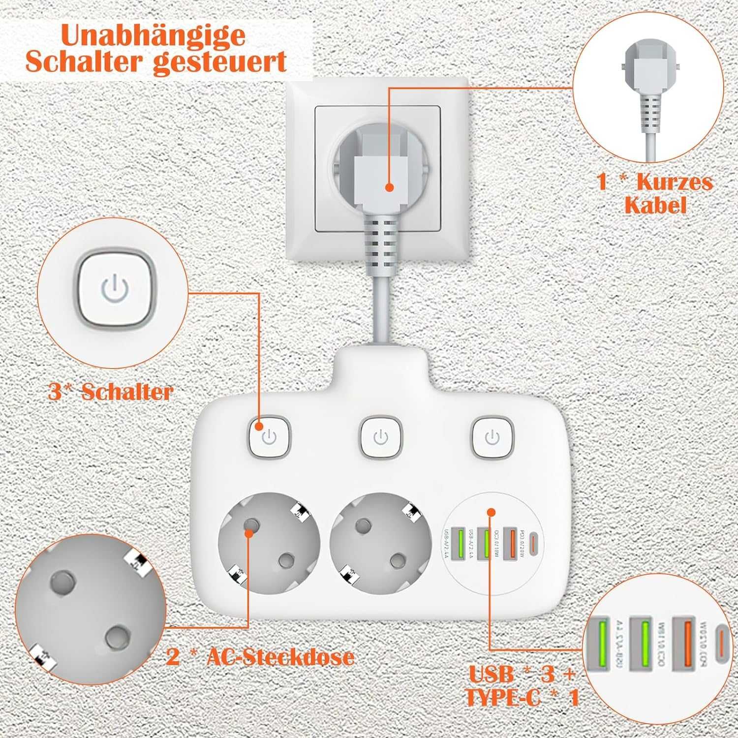 Listwa zasilająca gniazda AC 3xUSB USB-C 20W, 6 w 1