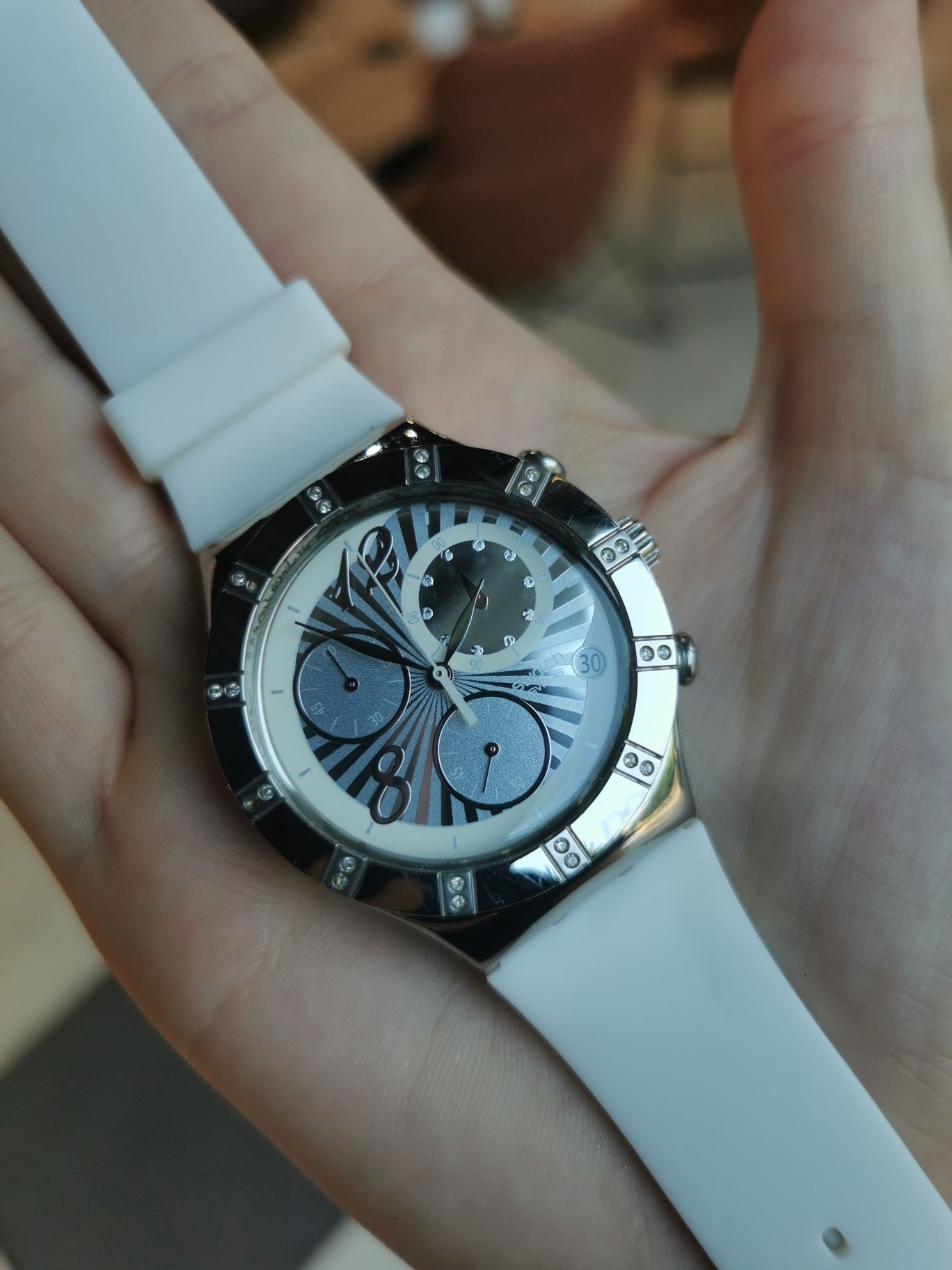 Zegarek swatch irony chrono srebrny biały zadbany nowy pasek