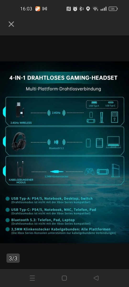 Gvyugke Spark 02  słuchawki gamingowe bezprzewodowe 2.4GHz BT PC PS5 S