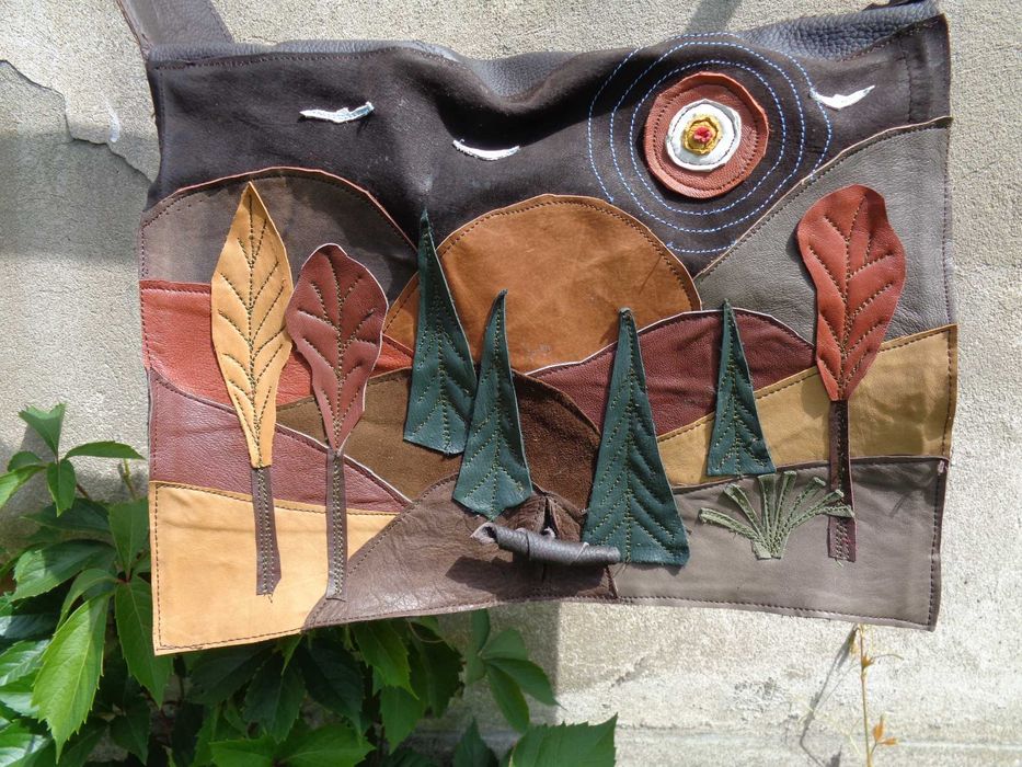 Artystyczna duża skórzana torebka z widokiem Handmade